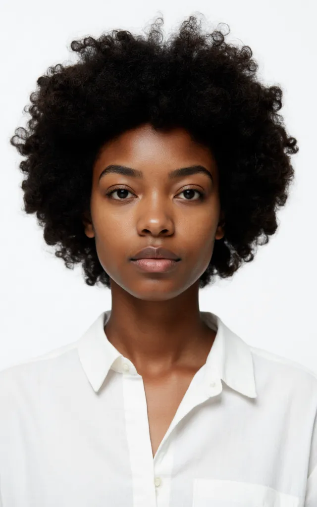 A French female model with Afro   inspired curls, wearing a shirt, against a white background, in a front   facing bust portrait